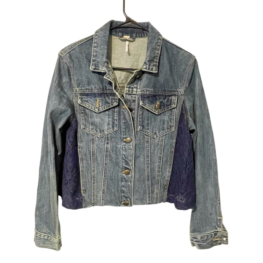 Free People Womens Size Small Lace Panel Denim Jean Jacket
